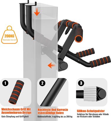 Дверна рама AmazeFan Pull-Up Bar, модернізована турніка 2024 року з кількома варіантами хвата, з додатковим тренажером для строп, універсальна застосовується для більшості дверей Чорний/помаранчевий