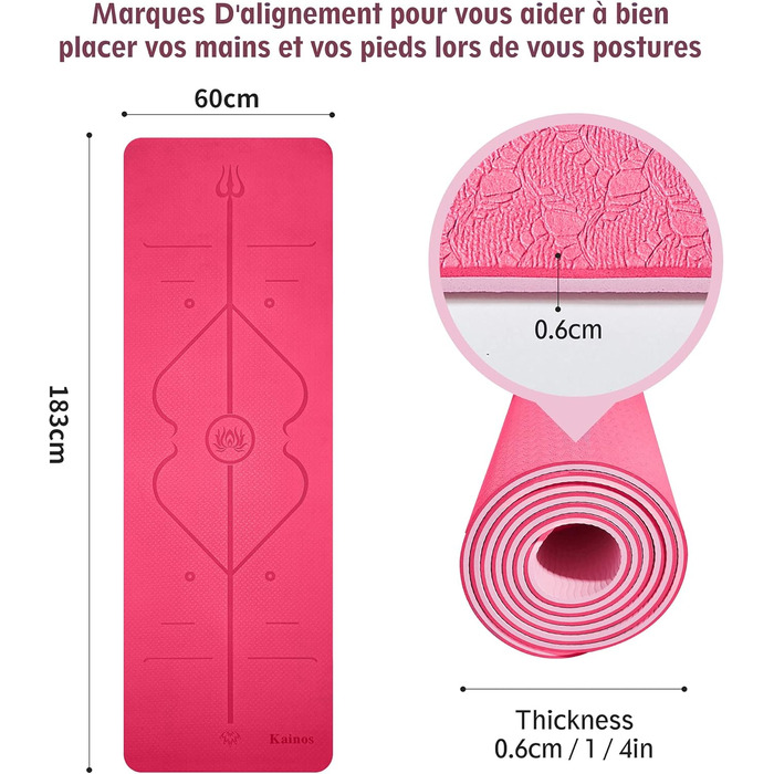 Килимок для йоги KAINOS Нековзний TPE Екологічно чистий килимок для фітнесу Гімнастичний килимок Килимок для пілатесу з ременем/сумкою для перенесення 183 шт. 60,6 см (рожевий)