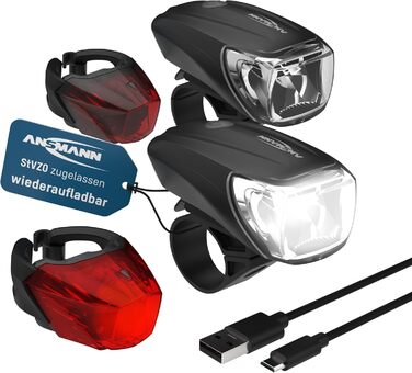 ANSMANN Набір велосипедних фар StVZO, CREE LED, 140 м, 35 Люкс, 170 Лм, IPX4, акумуляторні, USB, передня та задня фара