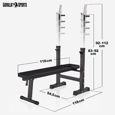 Лава для ваги GORILLA SPORTS - в т.ч. набір гантелей 38/70/100кг, полиця, станція занурення, регульована по висоті, складана, до 200 кг, чорна/біла - тренувальна лава з набором штанги, лава для штовхання, похила лава, плоска лава а) чорна 38 кг