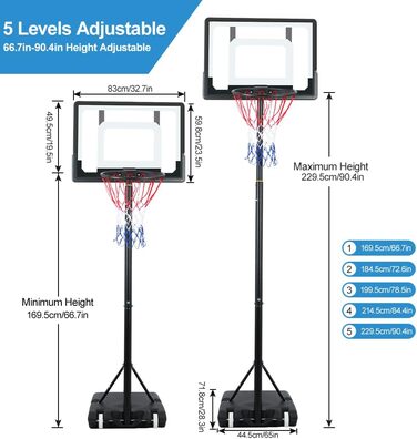 Баскетбольне кільце на відкритому повітрі, висота ніг регулюється 5.5-7.5 футів, система задньої панелі, 2 колеса (5.5-7.5 футів футів) (2.3 метри)