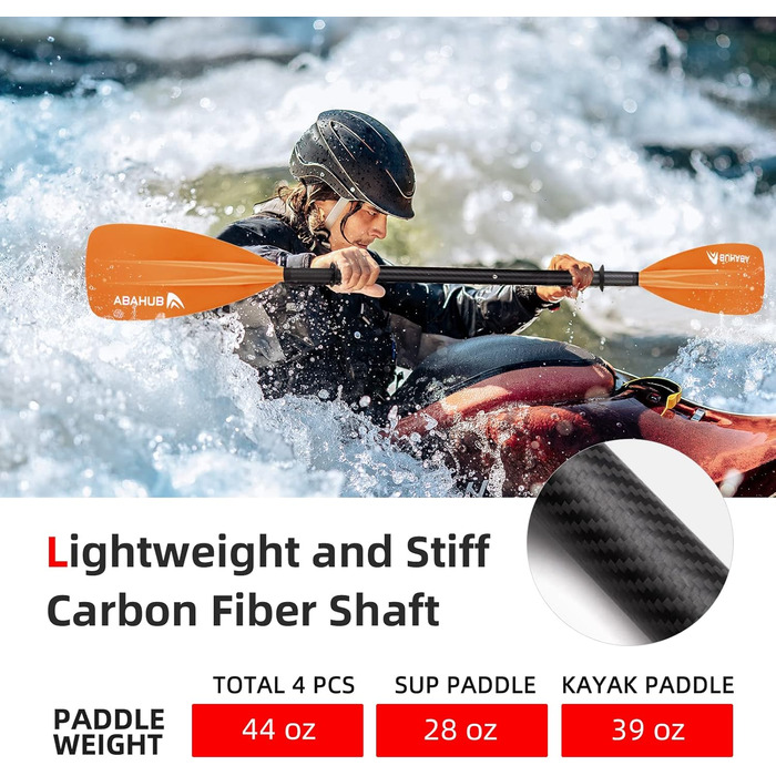 Весло Carbon SUP/Kayak, регульоване, легке, помаранчеве, 4 шт.