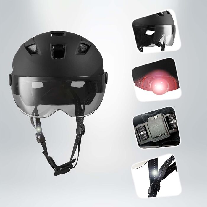 Велошолом Crazy Safety для електровелосипедів та міста, дорослий, з переднім і заднім світлом, регульований, магнітна застібка Fidlock