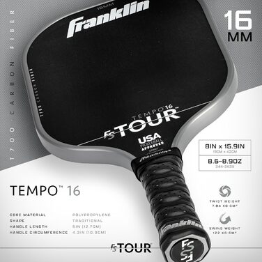Професійні ракетки для піклболу Franklin Sports FS Tour із сирого вуглецевого волокна T700, затверджені USA Pickleball, цілісний корпус, епоксидне покриття, моделі Dynasty і Tempo, 14/16 мм, сірий, синій, рожевий