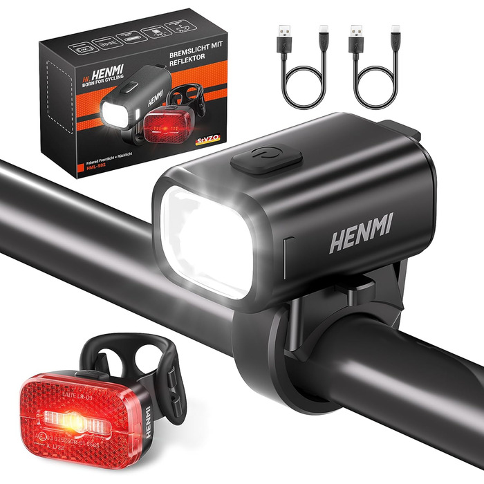 HENMI LED велосипедні фари комплект, USB зарядка, передня і задня фара для велосипеда, StVZO, водонепроникні IPX5