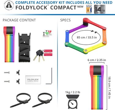 Складаний велосипедний замок FoldyLock Compact 85 см – високий рівень безпеки, з ключем і кріпленням, для електровелосипедів, самокатів та велосипедів