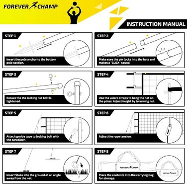 Система волейбольних сіток Forever Champ включає сітку 91 x 91 см, волейбольний м'яч PU 21,6 см, сумку для перенесення, обмежувальні лінії, сталеві прути та насос регулюється по висоті для чоловіків, жінок та спільних ігор