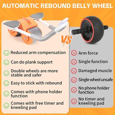 Автоматичний ролик для живота з відскоком, домашній тренажер для живота, для черевного ролика Тренажер для м'язів живота, з магнітним таймером, з наколінником, стабільним подвійним колесом ролик для тренажера живота