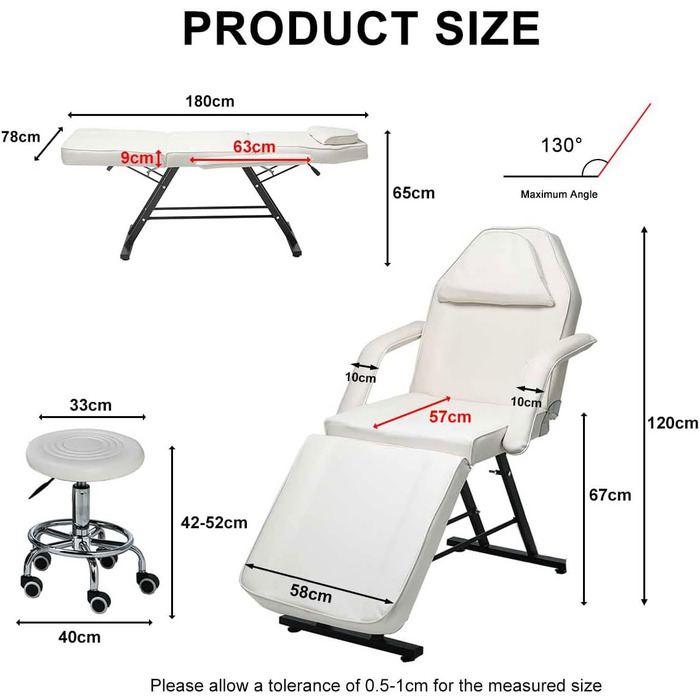 Масажний стіл з табуретом для дому, косметичний стіл 3 зони складний регульований по висоті з косметичним табуретом шириною 78см, масажне ліжко з PU шкіри з навантаженням до 270 кг, білий
