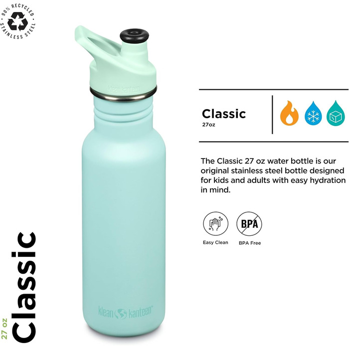 Пляшка Klean Kanteen Classic Narrow з нержавіючої сталі, з спортивною кришкою, пастельно-бірюзова, 800 мл