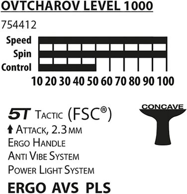 Ракетка для настільного тенісу Donic-Schildkrt Ovtcharov 1000 FSC, AVS, PLS & Ergo Handle, губка 2,3 мм, FSC дерево, енергетика - гума ITTF, 754412 One Size