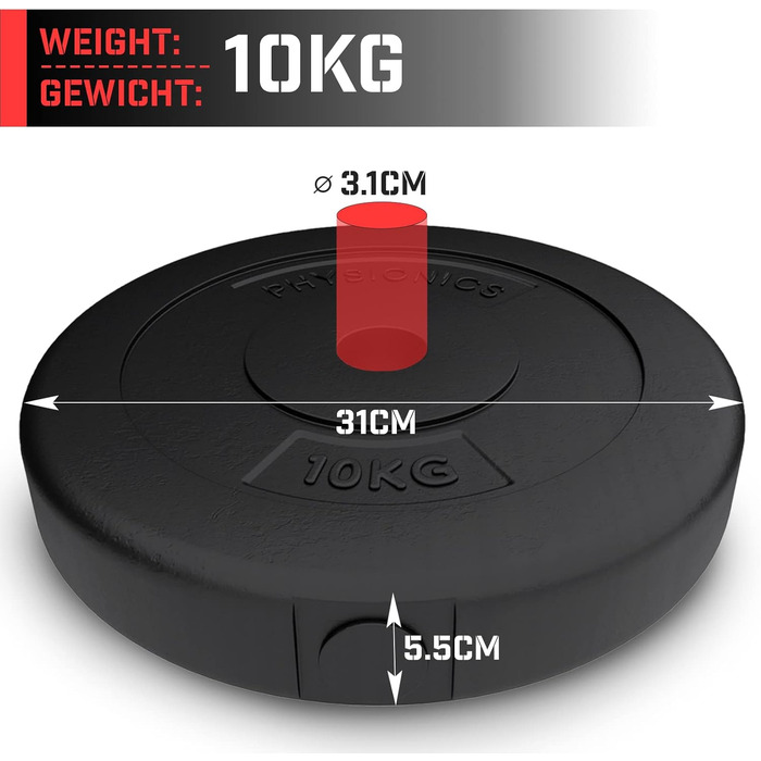 Фізіоніка Вагові пластини - Набір з 2 (2,5 кг / 5 кг / 10 кг / 15 кг), Ø 30 мм, пластик, чорний - Набір вагових пластин Ваги для гантелей/довгих хателів/гантелей 20 кг (2 х 10 кг)