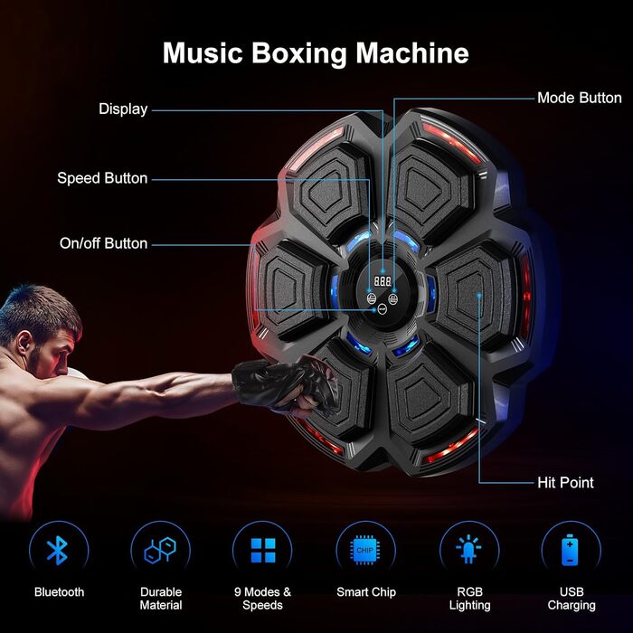 Машина для музичного боксингу, розумна боксерська машина з 9 налаштуваннями швидкості та 9 режимами, Bluetooth та LED світло, музичний боксер у боксерських рукавичках, тренажер для зняття стресу