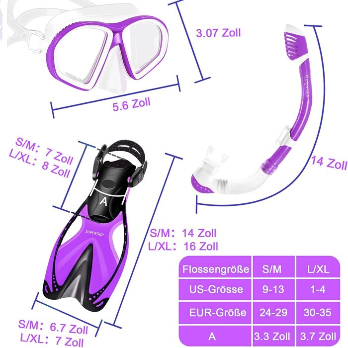 Дитячий набір трубок Supertrip 3 предмети, набір трубок з ластами, окуляри для дайвінгу із загартованою лінзою, регульовані ласти для плавання, суха трубка преміум класу для дітей молодшого віку (фіолетова, L/XL (30-35))
