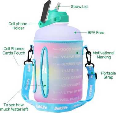 Пляшка для води QuiFit 3,6 л з трубочкою, мотиваційною розміткою, BPA-free, герметична, для спорту, фітнесу, вуличних занять, багаторазова, фіолетово-зелена