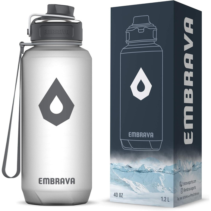 Пляшка для води Embrava 1,2 л, зручна ручка, широкий не протікаючий носик, міцний Tritan без BPA/BPS, для спорту, фітнесу, туризму, біла матова