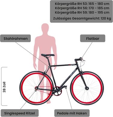 Велосипед-фіксик Galano Blade для жінок та чоловіків 165-195 см Одношвидкісний велосипед ретро 28 дюймів Багато розмірів Міські велосипеди з перекидним шльопанцем Втулка Шосейний велосипед Сіті Чорний/Червоний 53 см