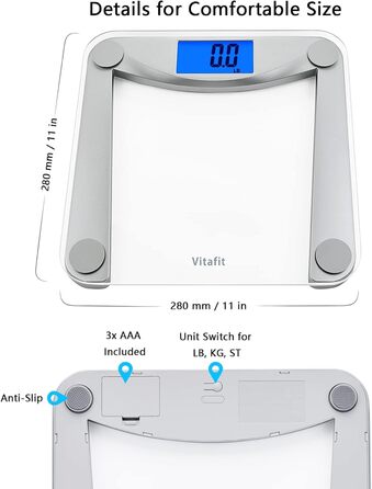 Ваги для ванної кімнати Vitafit Scale Body Fat Scale з додатком 180 кг, шкала складу тіла з Bluetooth, ваги для людей з жиром і м'язовою масою, ІМТ, білок, BMR, чорний (цифрові ваги)