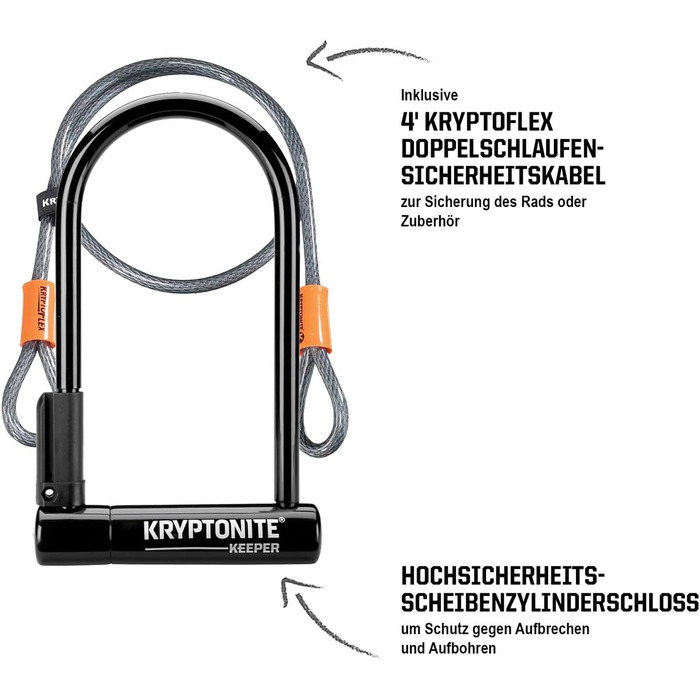 Велозамок Kryptonite Keeper Standard U-подібний, рівень безпеки 5/10, з петльовим тросом 120 см, кріпленням та 2 ключами, 10,2×20,3 см