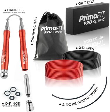 Скакалка Fitness Pro Speed Jump Rope 3 м, регульована, з обтяженнями, 2 кульковими підшипниками та протиковзкими ручками, для боксу, ММА, кросфіту, з додатковою сталевою мотузкою, червона сумка.