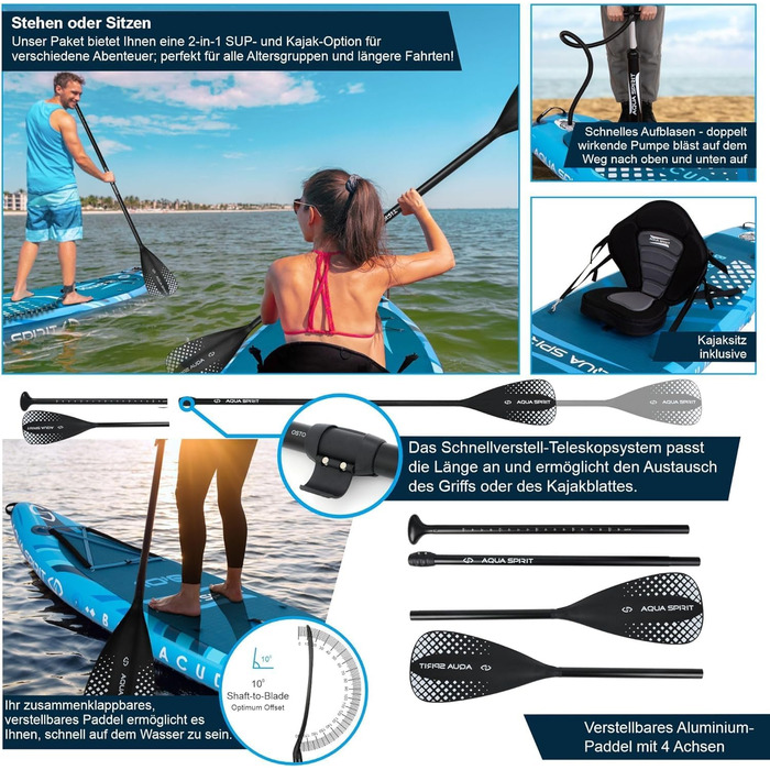 Надувна дошка для падде Aqua Spirit SUP 2024 320x815см/457x915см Комплектація з веслом, рюкзаком, насосом та іншими аксесуарами Дорослі початківці/експерти Гарантія 2 роки Синій 320см '21