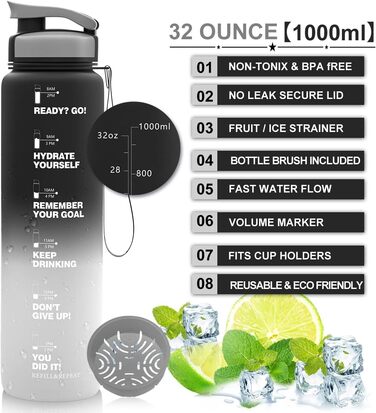 Пляшка для води ZORRI 900 мл, BPA-free, з мітками часу та вимірювання, легка, герметична, для спорту, школи, кемпінгу, чорний/сірий