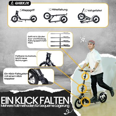 Самокат GHBXJX BigWheel 290 мм для дітей і дорослих, міський, 4 рівня висоти, ручне гальмо, великі колеса XXL, для дівчат та хлопців
