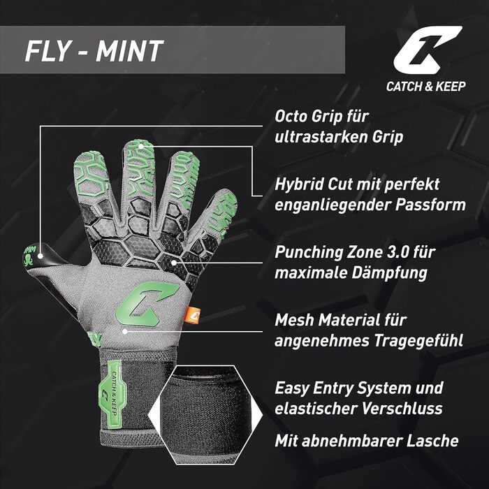 Воротарські рукавички CATCH & KEEP Fly Soul для футболу, професійні, Octopus Grip, Hybrid Cut, дихаюча сітчаста тильна сторона, технологія Punching Zone 3.0