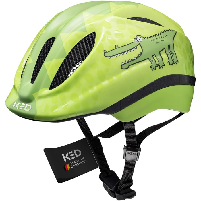 Дитячий велосипедний шолом KED Meggy II Trend 2024, зелений Croco, розмір S (46-51 см), з сіткою від комах, LED-ліхтарем і maxSHELL технологією