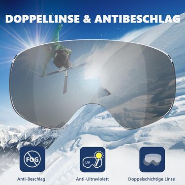 Гірськолижні окуляри GlaRid для чоловіків, жіночі, OTG Ski Goggles Безкаркасні окуляри для сноуборду для тих, хто носить окуляри, Снігові насадки для дорослих Захист проти запотівання 100 UV400 (срібло)