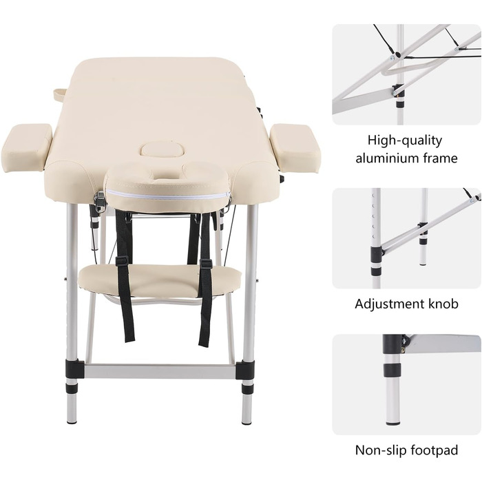 Масажний стіл YOUNIKE Мобільний складний 3 зони регульований по висоті масажний стіл алюмінієвий з підголівником і підлокітниками та сумкою для перенесення Масажний столик для косметики Спа салон тату (бежевий)