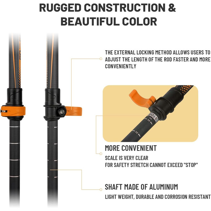 Трекінгові палиці з вуглецевого волокна телескопічні/Ручка з піни EVA/Ремінь на зап'ястя з поролоновою підкладкою/Ремінь з автоматичним регулюванням/Quick Flip Lock (упаковка з 2 палиць) (помаранчевий), 2