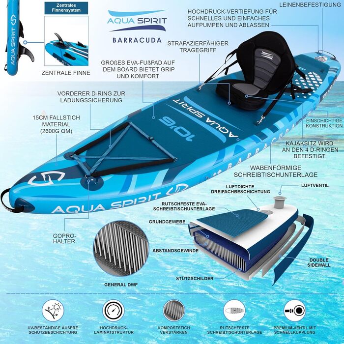 Надувна дошка для веслування Aqua Spirit SUP 2024 320x815см Повний комплект для переобладнання байдарки з веслом, рюкзаком, насосом та іншими аксесуарами Дорослі початківці/експерти Гарантія 2 роки 320см х 84см х 15см