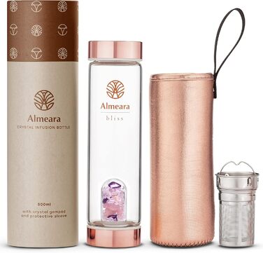 Пляшка для води Almeara з кристалами: аметист, рожевий кварц, прозорий кварц, автентичні дорогоцінні камені, ситечко для чаю, еліксир, загартоване скло
