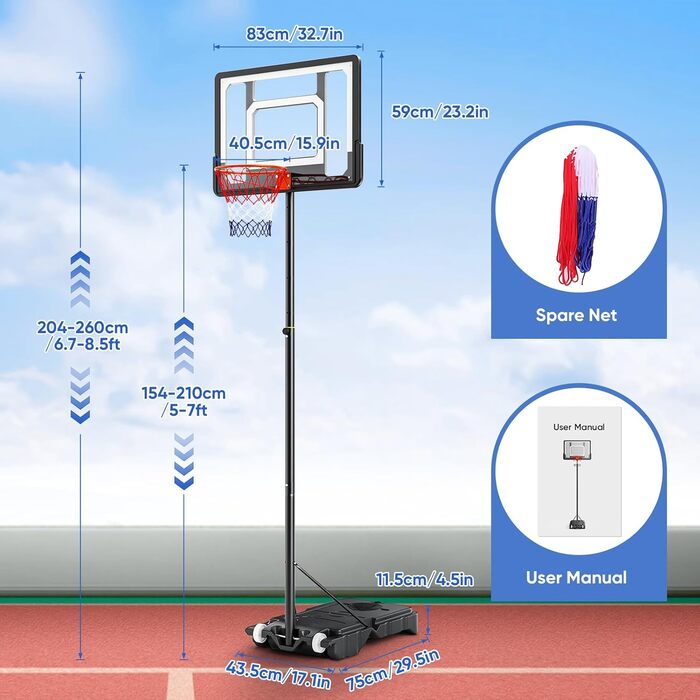Баскетбольне кільце Lischwert на відкритому повітрі, регульована по висоті, портативна баскетбольна стійка з колесами для дітей, підлітків, дорослих на задньому дворі/в приміщенні 154-210 см