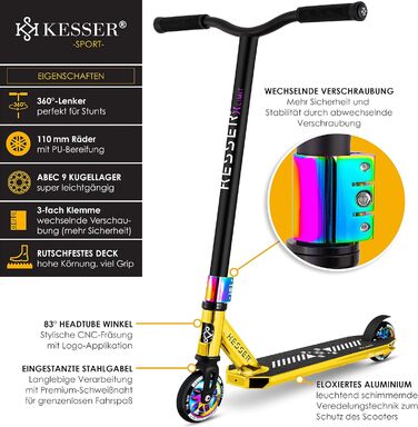 Трюковий самокат KESSER X-Limit-Pro з рульовим керуванням Funscooter Stunt Scooter Scooter з підставкою ABEC 9 кулькових підшипників, 110 мм PU колеса, Kick Scooter Kick Scooter City Scooter Trick Scooter для дітей дорослих (хром / золото)