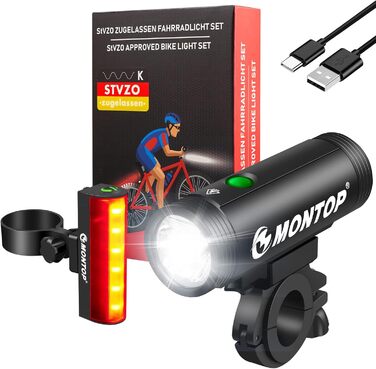 Комплект велосипедних LED ліхтарів StVZO з USB акумулятором, передня та задня фара, велосипедне світло для дітей і дорослих, водонепроникне, сертифіковане
