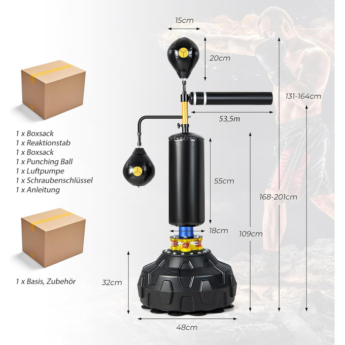 Стоячий боксерський м'яч COSTWAY, світловідбиваюча планка на 360 , регульована по висоті боксерська груша з 2 швидкісними м'ячами, боксерський тренажер для боксу та ММА