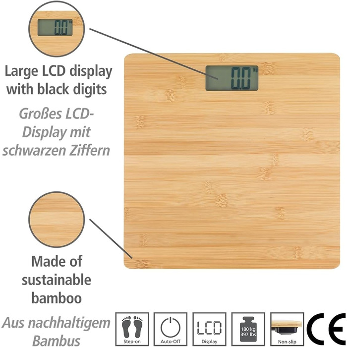 Ваги WENKO бамбук, цифрові, LCD, до 180 кг, з батарейками, натуральні