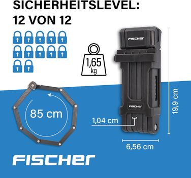 Велозамок складаний FISCHER PROTEC PLUS 85 см, 3 ключі, чорний, м'який матеріал, з пилозахистом