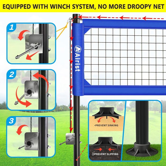 Міцна вулична волейбольна сітка Airist із системою запобігання старінню, регульовані алюмінієві стовпи, професійний волейбольний набір сіток для саду та пляжу, волейбольна та сумка-тоут