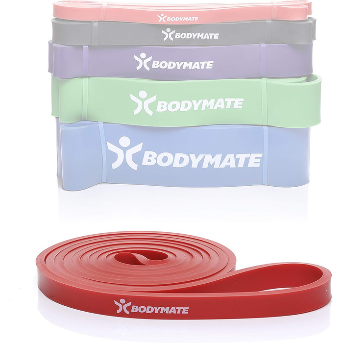 Фітнес-гумка BODYMATE 208 см, еластична стрічка опору з натурального латексу, тренує силу, витривалість, координацію, гнучкість і багато іншого, для початківців і професіоналів (1. X-LIGHT-RED 1,3 см (опір 5-16 кг))