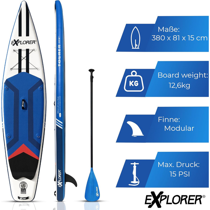 Дошка для веслування EXPLORER SUP Fusion Stand Up до 180 кг Повний комплект з алюмінієвим веслом, рюкзаком, насосом, плавником і набором патчів. (TOURER 12.6)