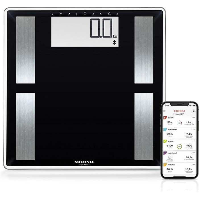 Ваги жиру в організмі Soehnle Shape Sense Connect з Bluetooth, додаток Bathroom Scale plus, шкала аналізу жиру в організмі для BIA Premium Body Analysis, шкала жиру в організмі з додатком і великим РК-дисплеєм (50)