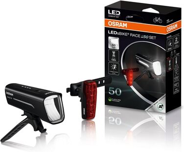 Набір велосипедних LED-ліхтарів OSRAM Race 100, акумуляторні, передній і задній ліхтар зі стоп-сигналом, StVZO, 3 режими яскравості, 50 люкс