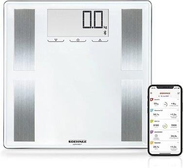 Шкала жиру в організмі Soehnle Shape Sense Connect 100 з Bluetooth, додаток Bathroom Scale plus, шкала аналізу жиру в організмі для BIA Premium Body Analysis, шкала жиру в організмі з додатком і великим РК-дисплеєм