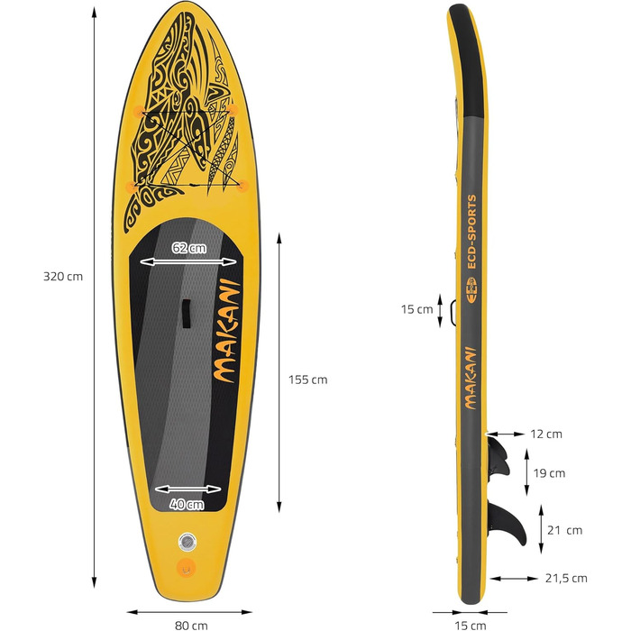Надувна SUP-дошка ECD Germany Makani 320 см, до 150 кг, алюмінієве весло, комплект аксесуарів, різні кольори