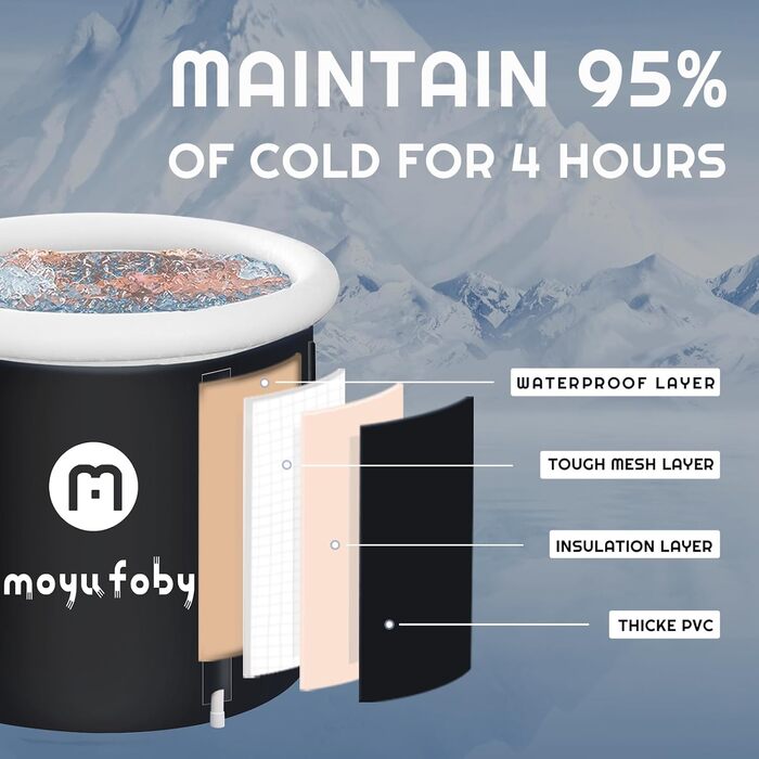 Портативна надувна ванна з льодом для спортсменів, холодна ванна, відкрита, для дорослого занурення, для гарячої ванни, крижана ванна, ємністю 200 літрів, велика ванна, складна ванна, чорна, 80 x 31,5*29,5 дюймів Чорний