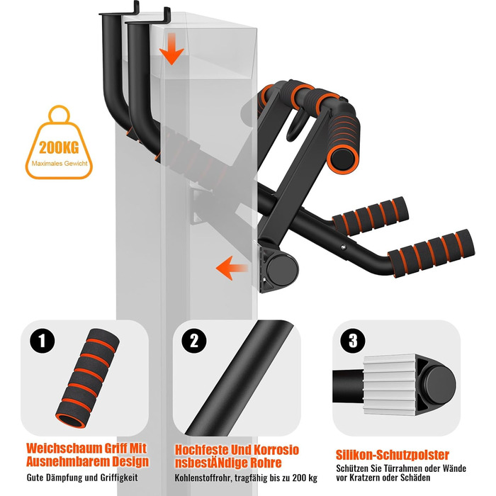 Дверна рама AmazeFan Pull-Up Bar, модернізована турніка 2024 року з кількома варіантами хвата, з додатковим тренажером для строп, універсальна застосовується для більшості дверей Чорний/помаранчевий
