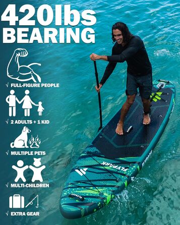 Надувна SUP-дошка Flypark 335x86x15 см, широка, для йоги, з рюкзаком 116 л, 15 D-кілець, ременем, 3 знімними плавниками, насосом